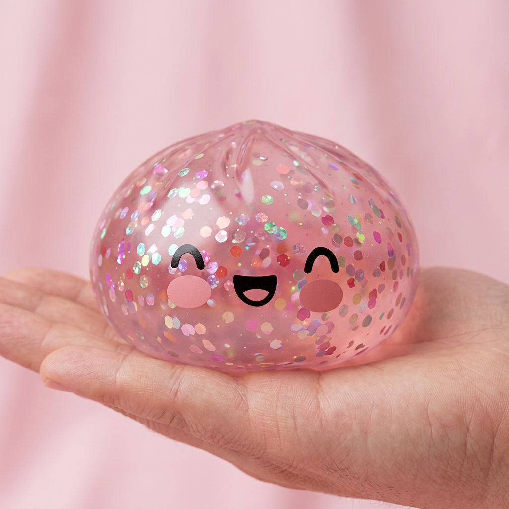 Dumpling Squishy Rosa Sparkle Bubblegum in der Hand gehalten, echte Größe