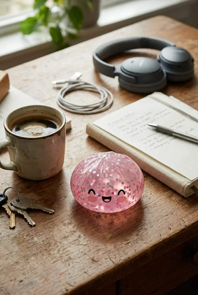Dumpling Squishy Rosa Sparkle Bubblegum auf dem Schreibtisch