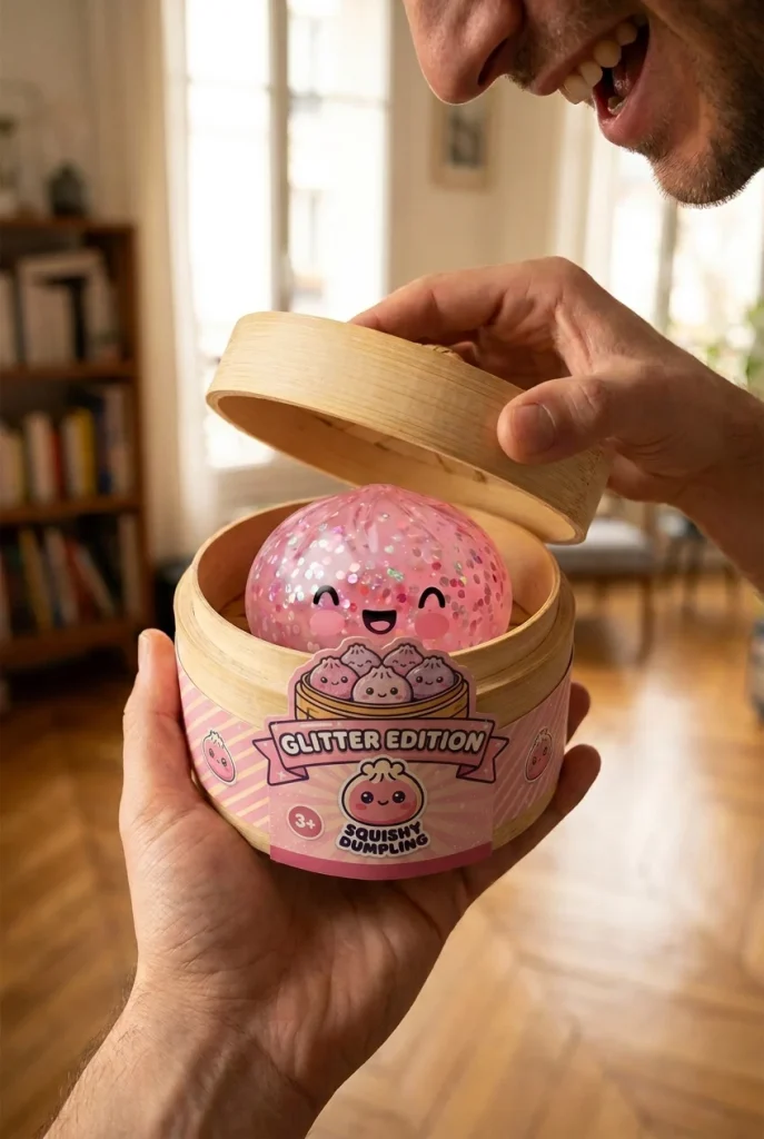 Dumpling Squishy Rosa Sparkle Bubblegum beim Auspacken