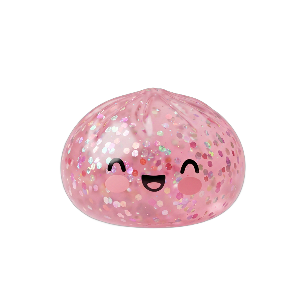 Dumpling Squishy Rosa Sparkle Bubblegum beim Drücken, weiches Material