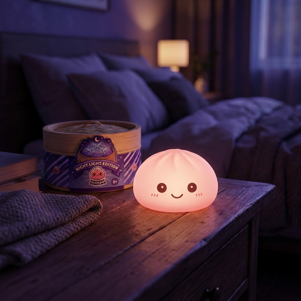 Dumpling Squishy Nachtlicht Rosa in seiner kawaii Umgebung