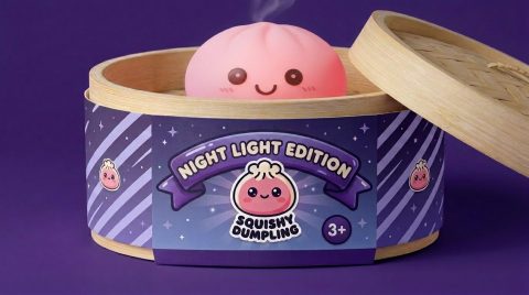 Dumpling Squishy Nachtlicht Rosa im Bambus-Dämpfkörbchen