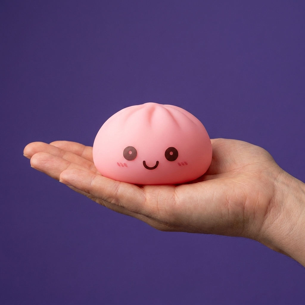 Dumpling Squishy Nachtlicht Rosa in der Hand gehalten, echte Größe