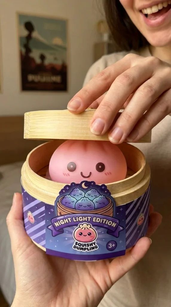 Dumpling Squishy Nachtlicht Rosa beim Auspacken