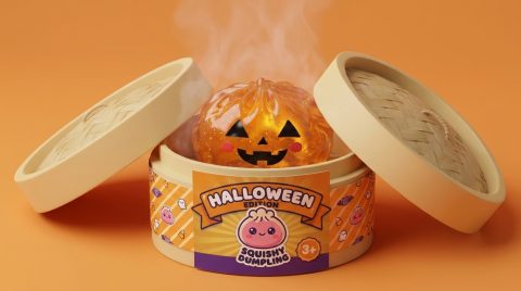 Squishy Dumpling Citrouille Halloween Leuchtend im Bambus-Dämpfkörbchen