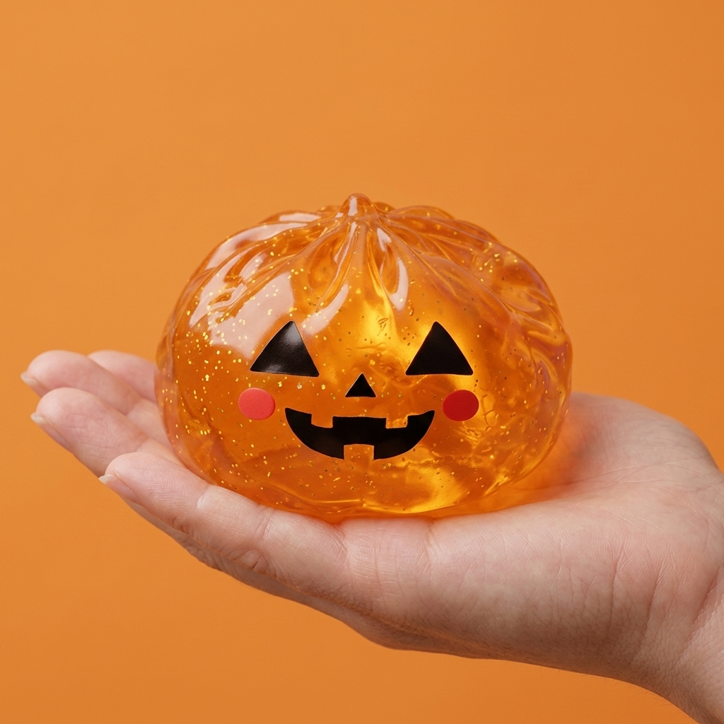 Squishy Dumpling Citrouille Halloween Leuchtend in der Hand gehalten, echte Größe