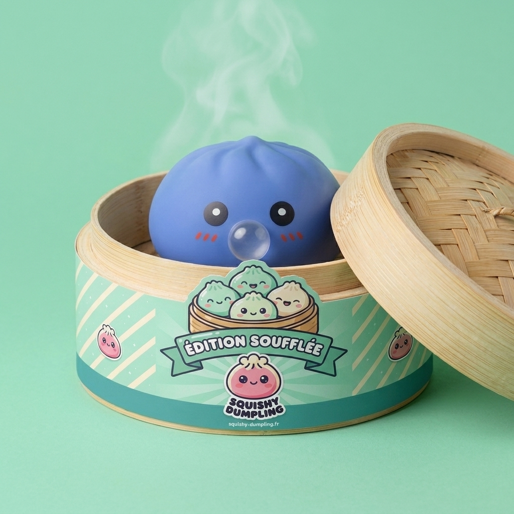 Dumpling Squishy Violett Puffig & Weich im Bambus-Dämpfkörbchen