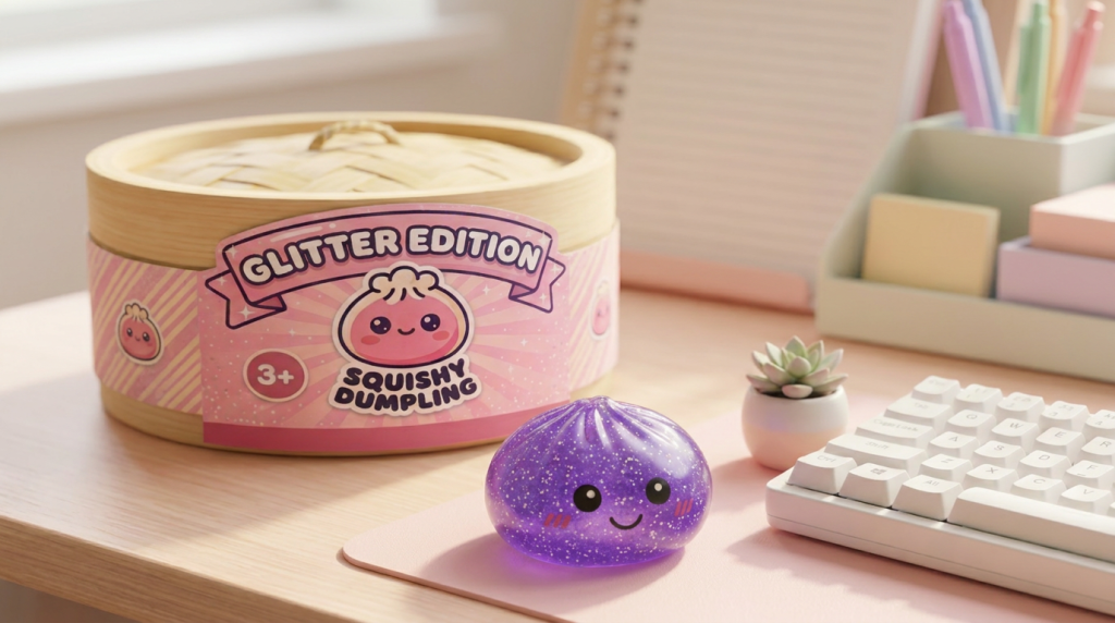 Glitter Dumpling Squishy Violett Traum in seiner kawaii Umgebung
