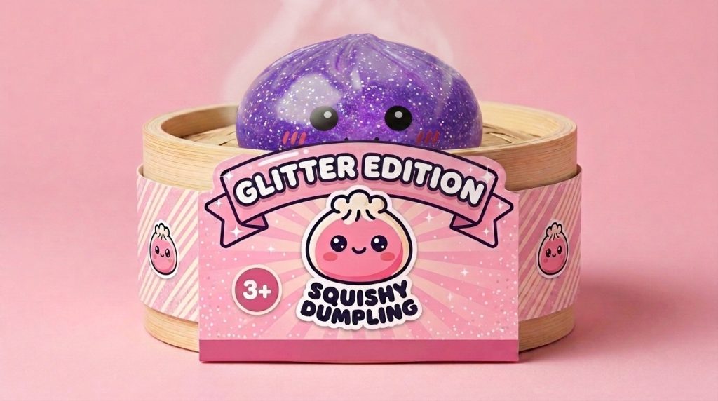 Glitter Dumpling Squishy Violett Traum im Bambus-Dämpfkörbchen
