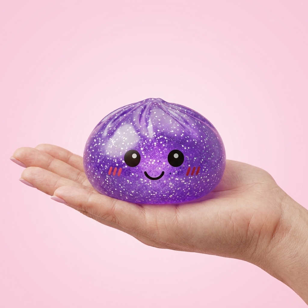 Glitter Dumpling Squishy Violett Traum in der Hand gehalten, echte Größe
