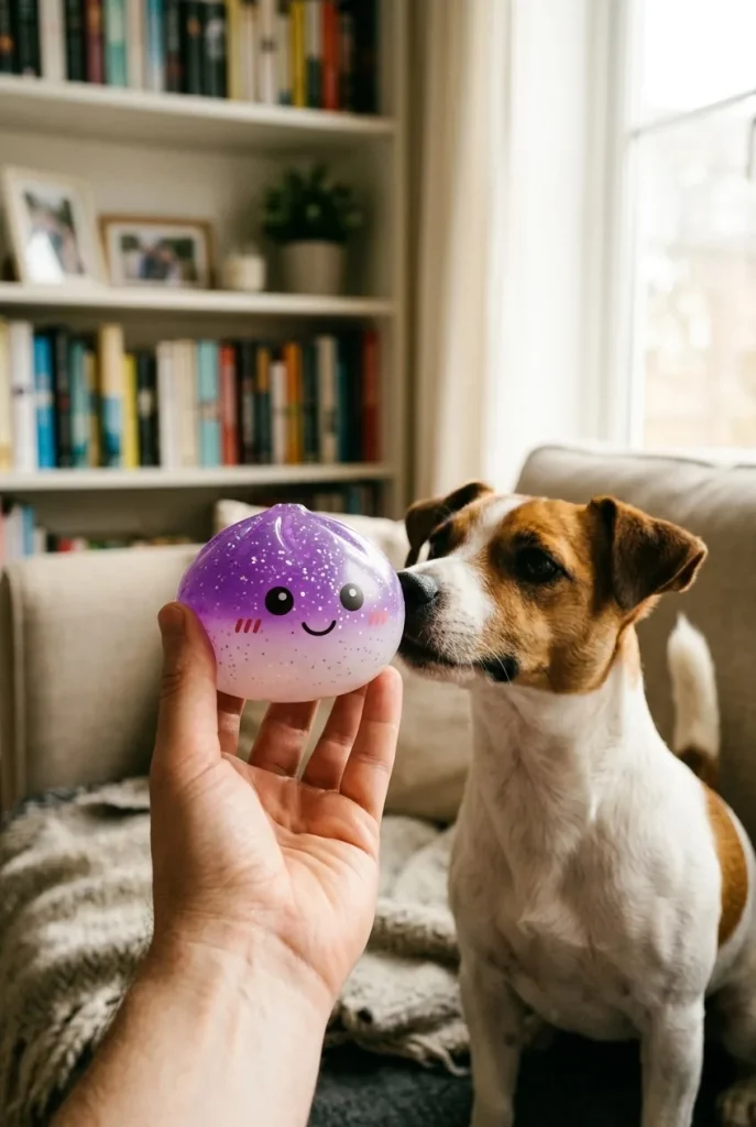 Glitter Dumpling Squishy Violett Traum mit einem Kuscheltier