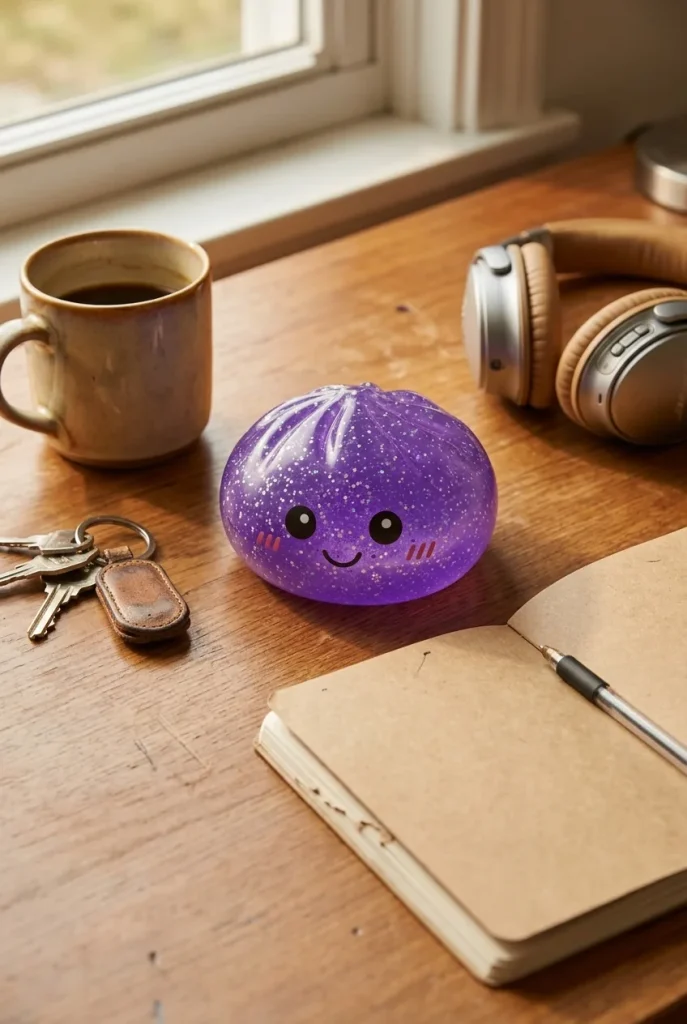 Glitter Dumpling Squishy Violett Traum auf dem Schreibtisch