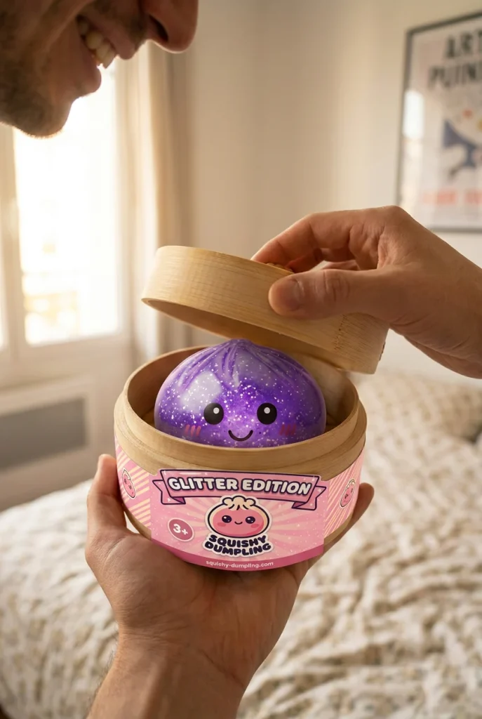 Glitter Dumpling Squishy Violett Traum beim Auspacken