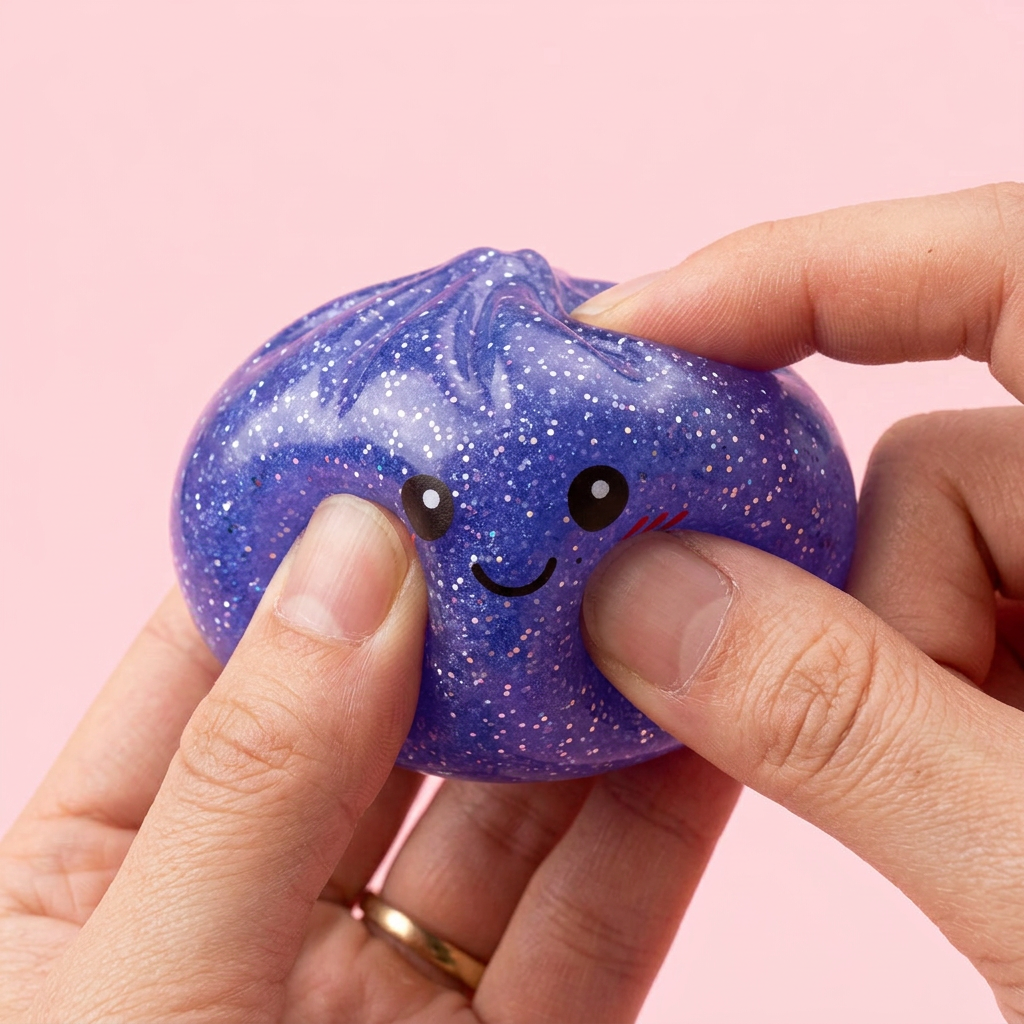 Glitter Dumpling Squishy Violett Traum — slow-rise Effekt, der Schaum federt langsam zurück