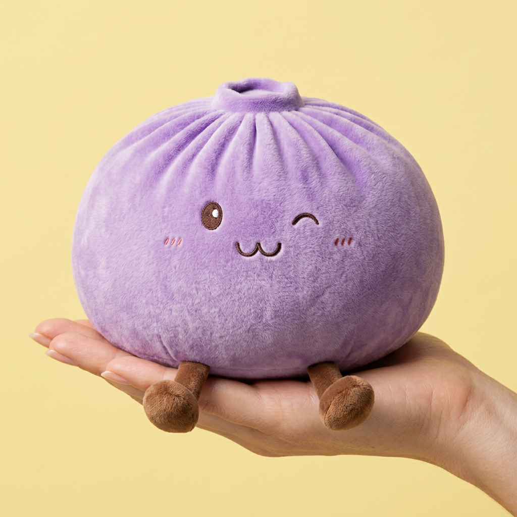 Dumpling Squishy Violett XXL – Riesiger Kuschel-Bao in der Hand gehalten, echte Größe