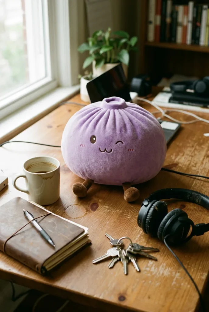 Dumpling Squishy Violett XXL – Riesiger Kuschel-Bao auf dem Schreibtisch
