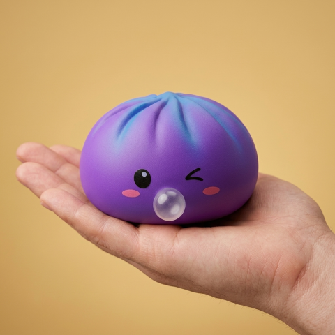 Dumpling Squishy Purple Rare Blow Cosmic Bambuskorb in der Hand gehalten, echte Größe
