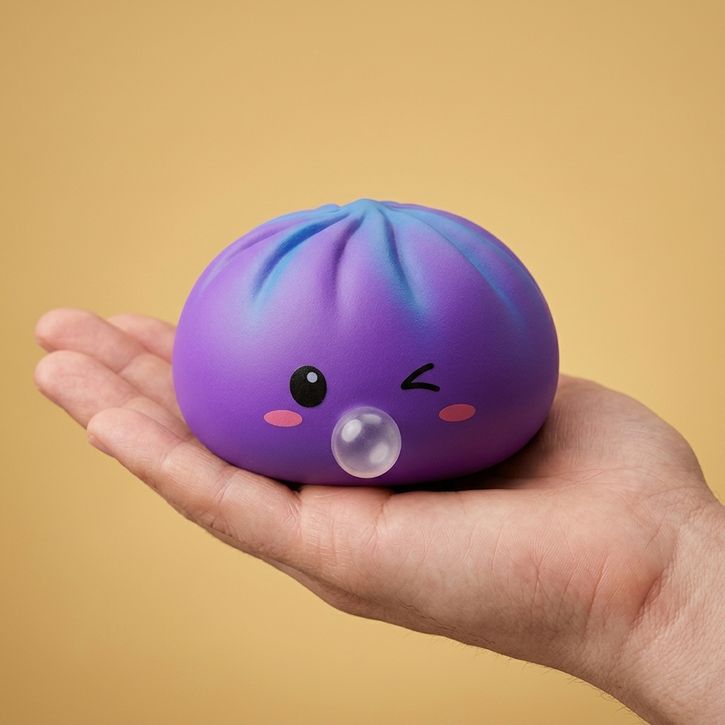 Dumpling Squishy Purple Rare Blow Cosmic Bambuskorb in der Hand gehalten, echte Größe