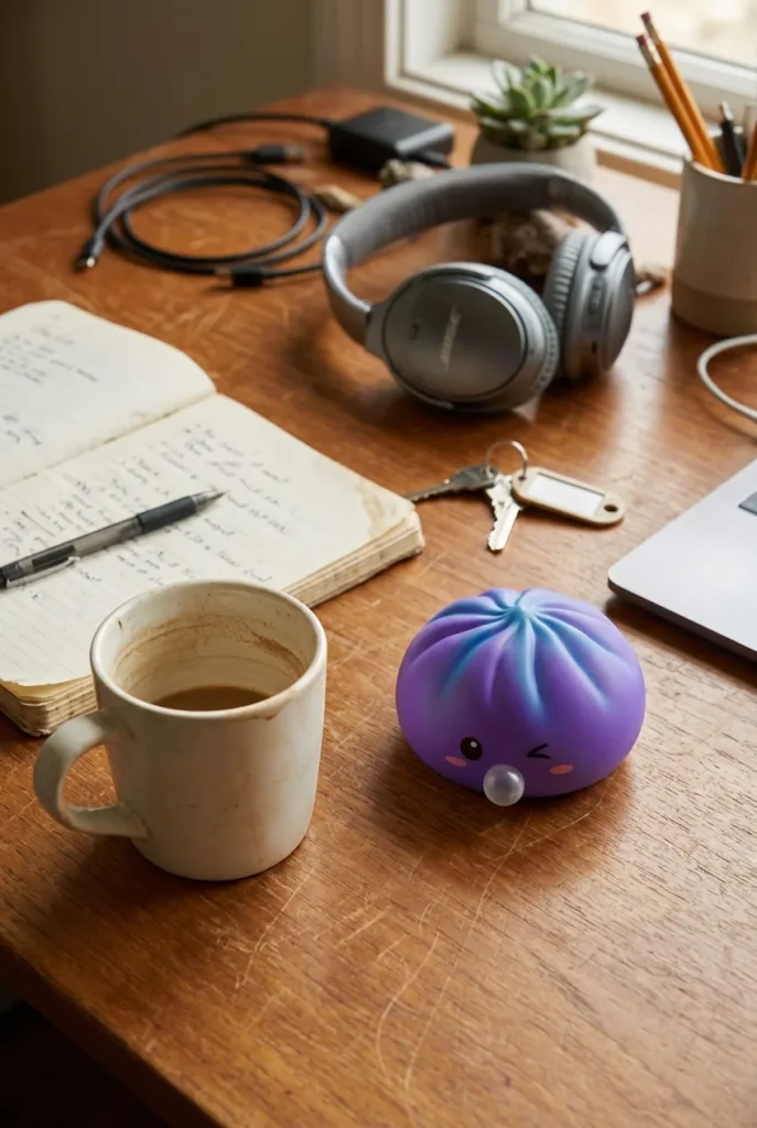Dumpling Squishy Purple Rare Blow Cosmic Bambuskorb auf dem Schreibtisch