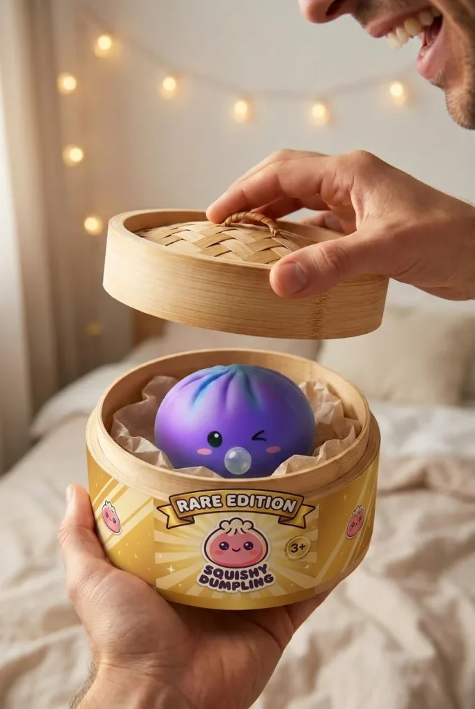 Dumpling Squishy Purple Rare Blow Cosmic Bambuskorb beim Auspacken