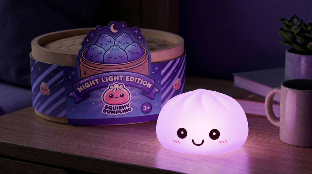 Dumpling Squishy Nachtlicht Violett Sanft in seiner kawaii Umgebung