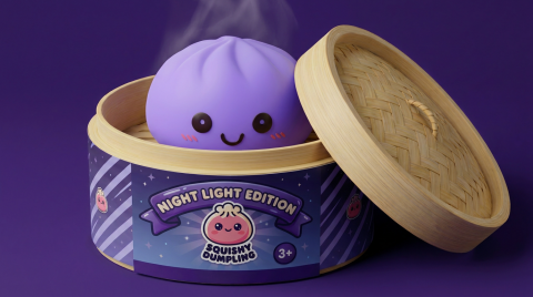 Dumpling Squishy Nachtlicht Violett Sanft im Bambus-Dämpfkörbchen