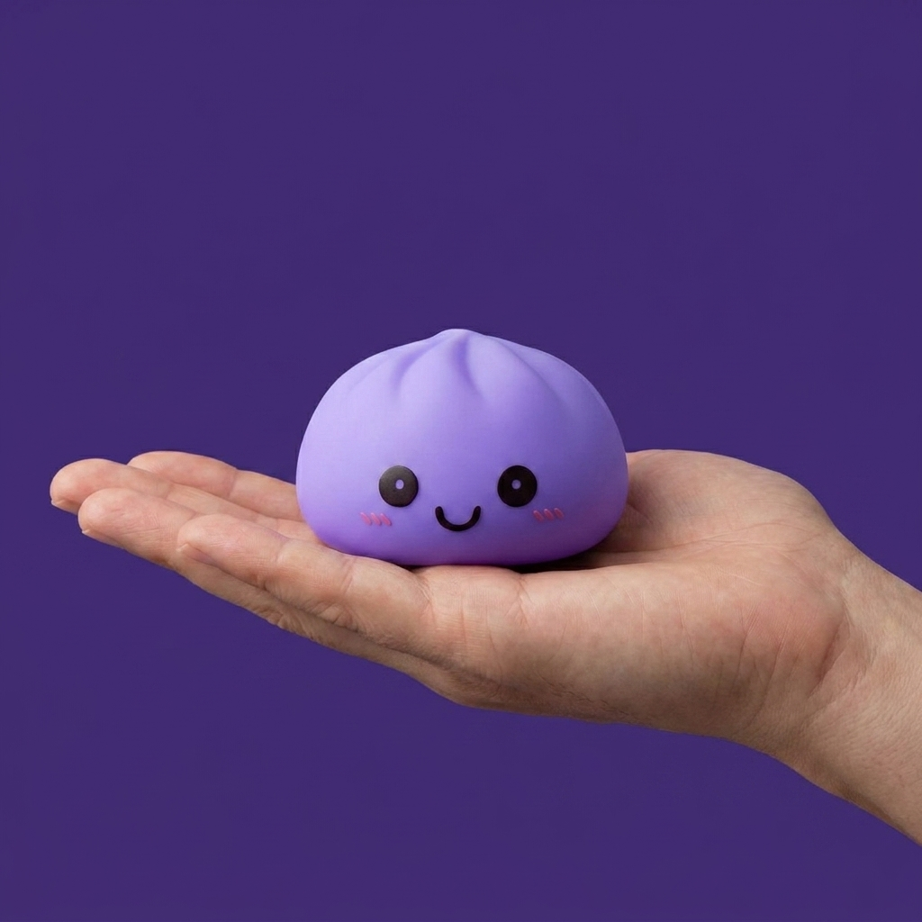 Dumpling Squishy Nachtlicht Violett Sanft in der Hand gehalten, echte Größe