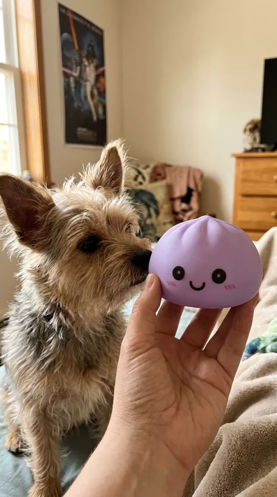 Dumpling Squishy Nachtlicht Violett Sanft mit einem Kuscheltier