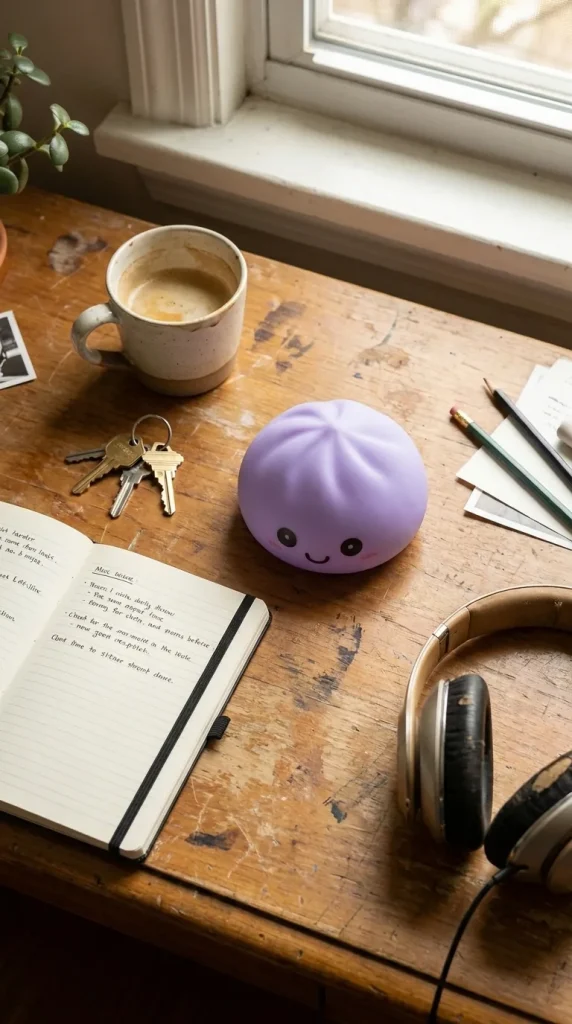 Dumpling Squishy Nachtlicht Violett Sanft auf dem Schreibtisch