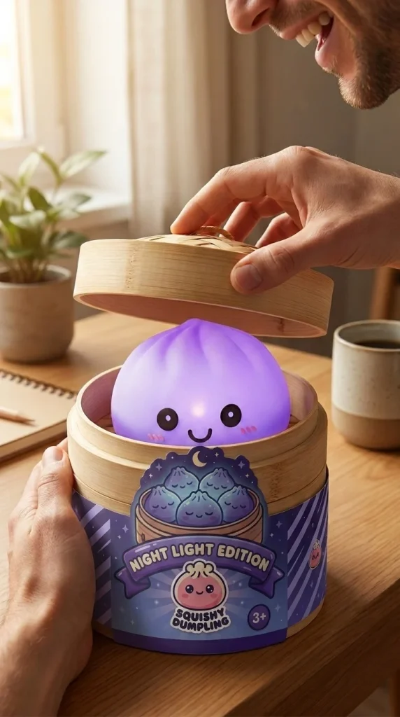 Dumpling Squishy Nachtlicht Violett Sanft beim Auspacken
