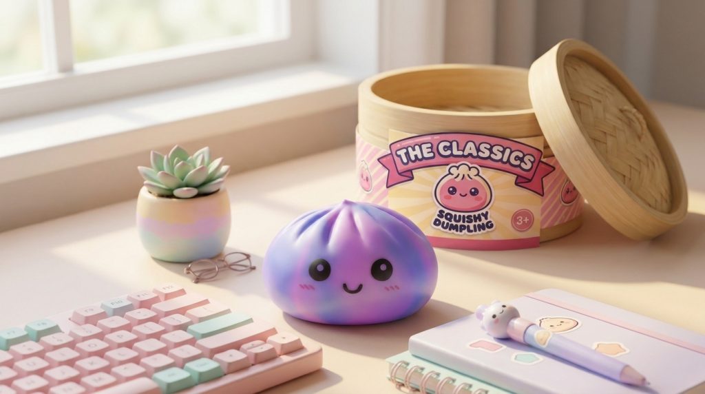 Squishy Dumpling Tie Dye Lila mit Mini-Dampfkorb in seiner kawaii Umgebung