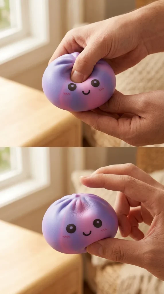 Squishy Dumpling Tie Dye Lila mit Mini-Dampfkorb beim Drücken