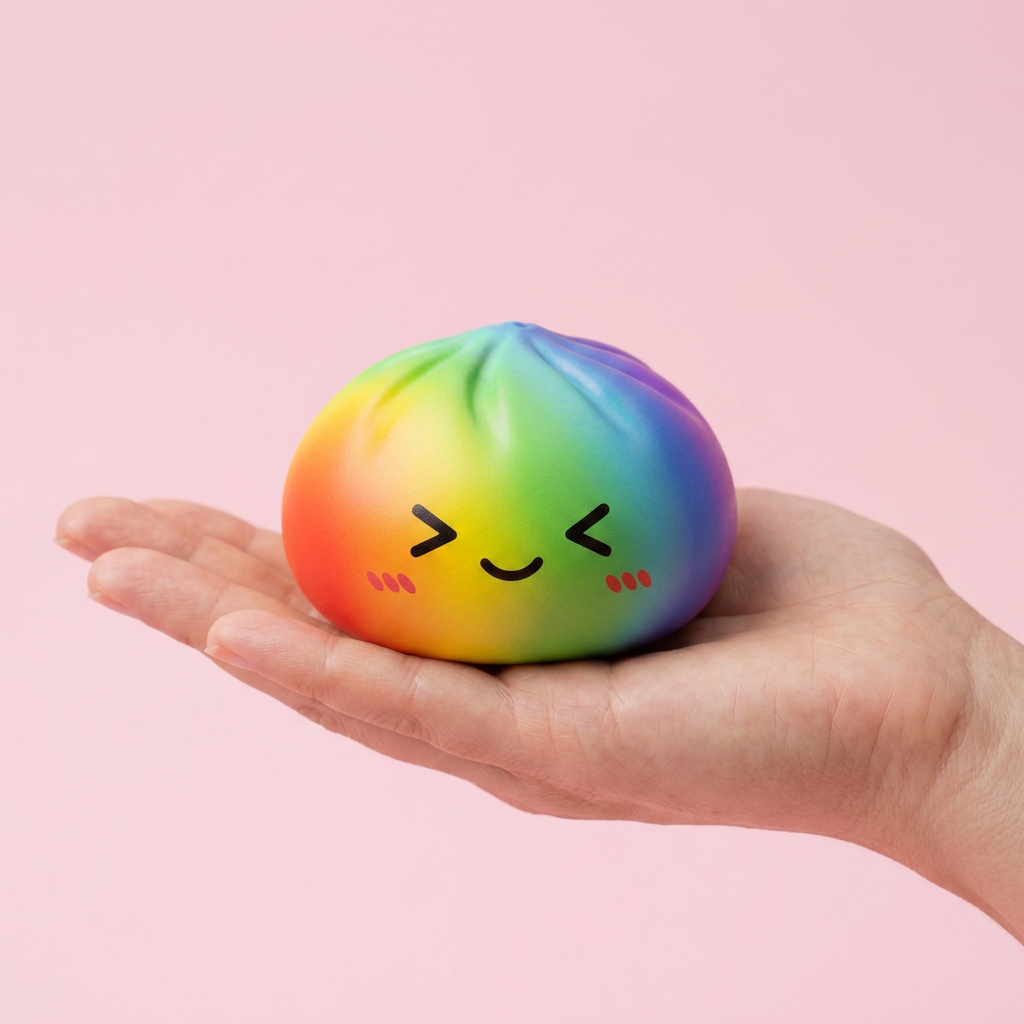 Rainbow Dumpling Squishy Regenbogen Kawaii in der Hand gehalten, echte Größe