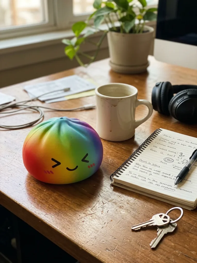 Rainbow Dumpling Squishy Regenbogen Kawaii auf dem Schreibtisch