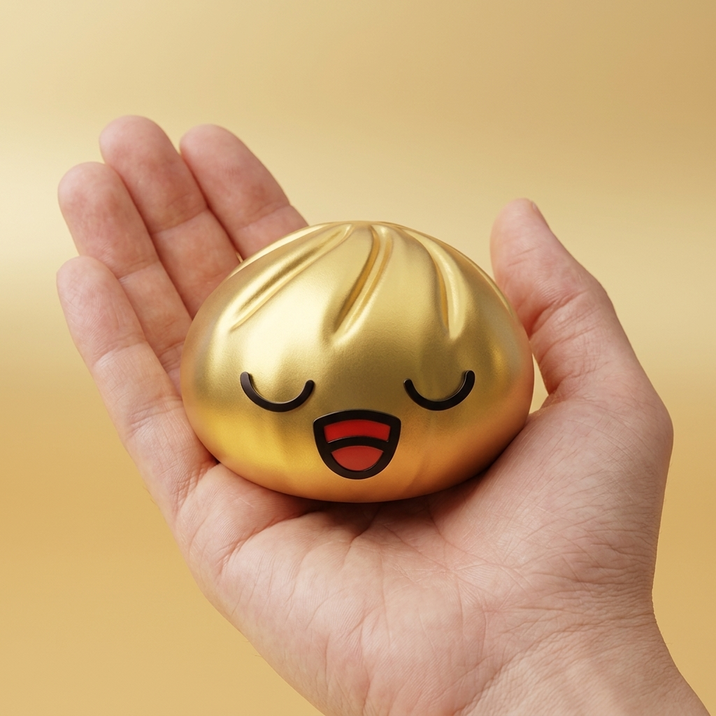 Rare Dumpling Squishy Gold-Schatz in der Hand gehalten, echte Größe