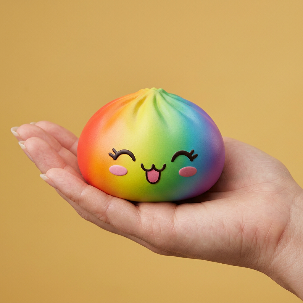Rare Dumpling Squishy Regenbogen Bunt in der Hand gehalten, echte Größe