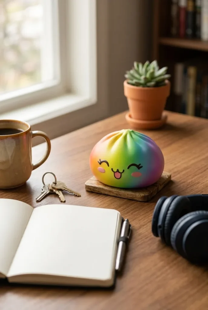 Rare Dumpling Squishy Regenbogen Bunt auf dem Schreibtisch