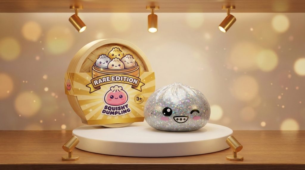 Rare Dumpling Squishy Silber Glitzer in seiner kawaii Umgebung