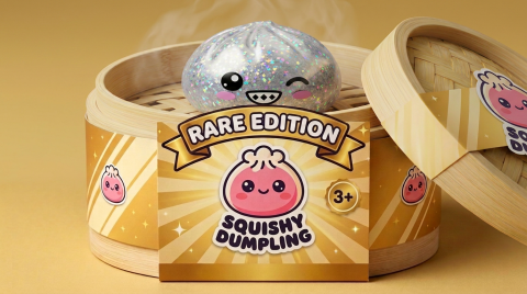 Rare Dumpling Squishy Silber Glitzer im Bambus-Dämpfkörbchen