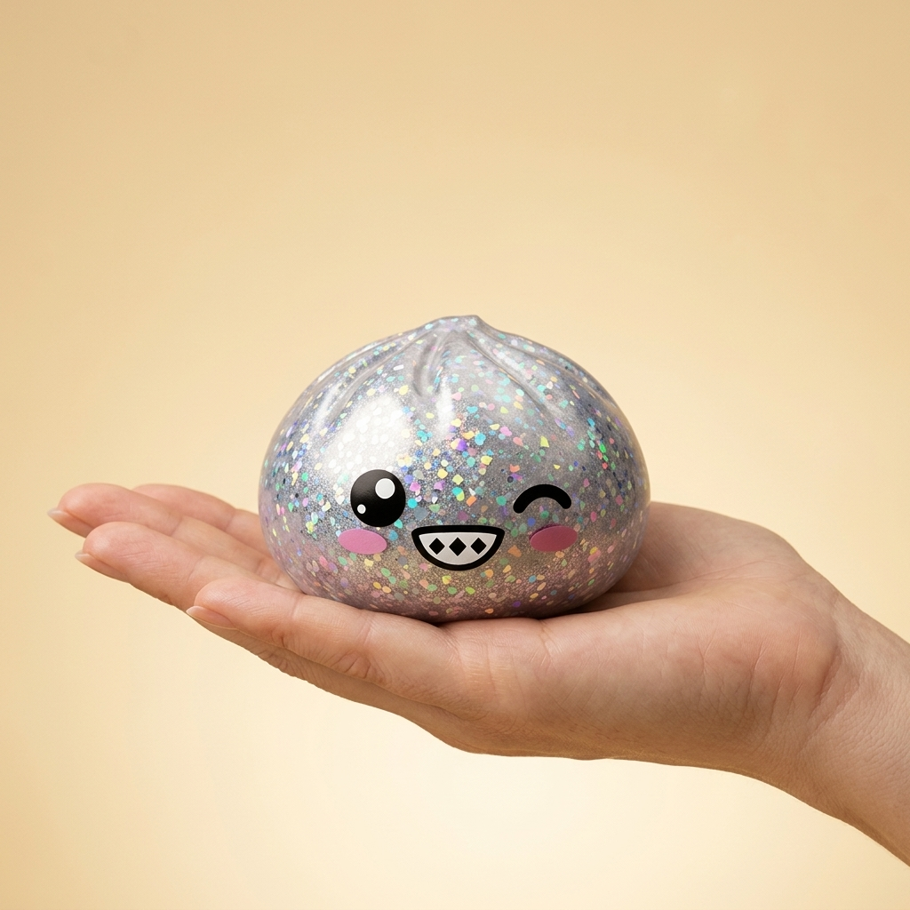 Rare Dumpling Squishy Silber Glitzer in der Hand gehalten, echte Größe