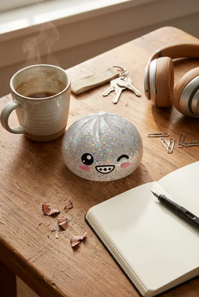 Rare Dumpling Squishy Silber Glitzer auf dem Schreibtisch