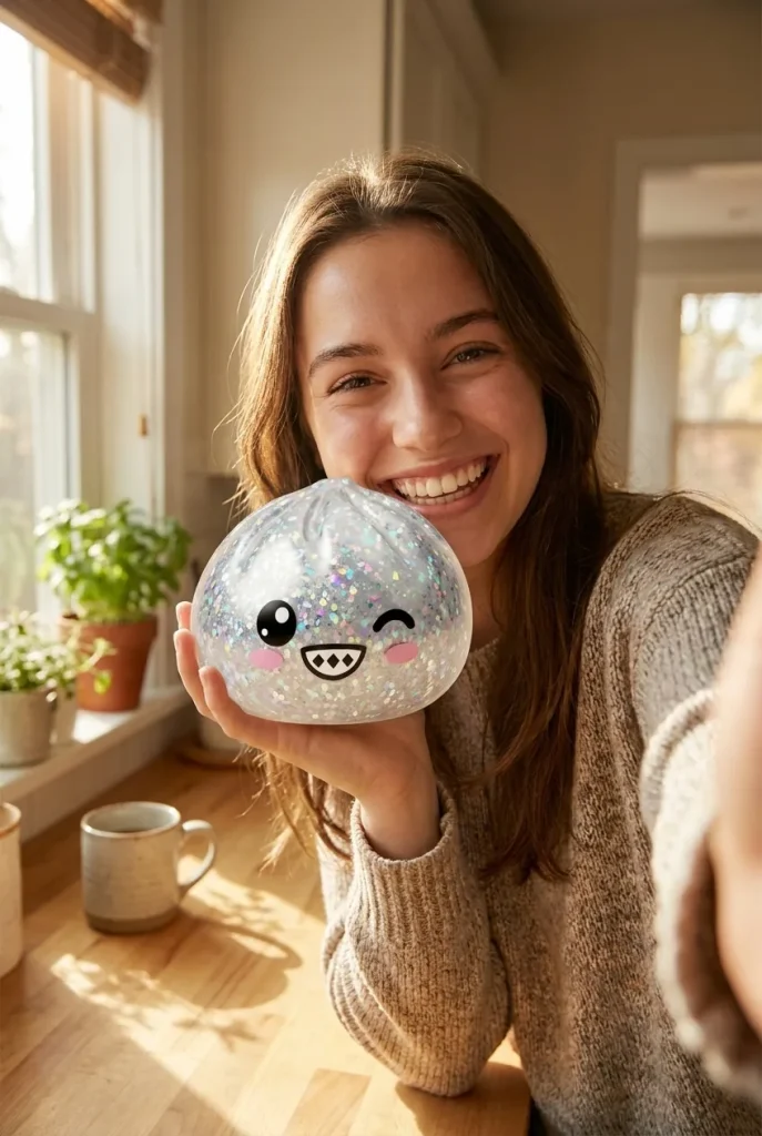 Rare Dumpling Squishy Silber Glitzer im Alltag