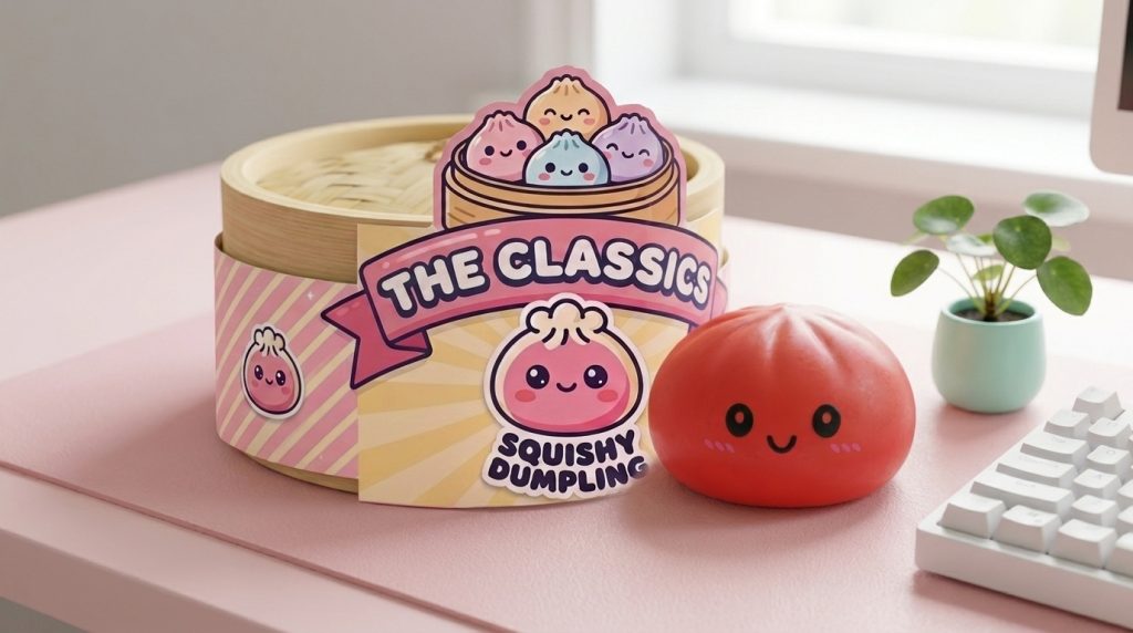 Dumpling Squishy Rot Kirsche in seiner kawaii Umgebung