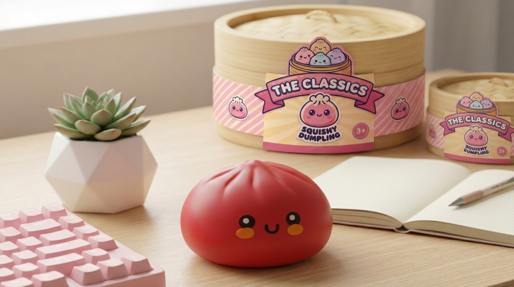 Dumpling Squishy Rot Fluffy in seiner kawaii Umgebung