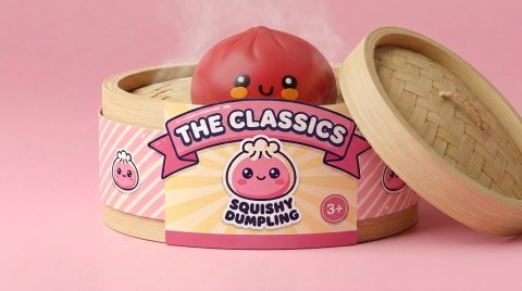 Dumpling Squishy Rot Fluffy im Bambus-Dämpfkörbchen
