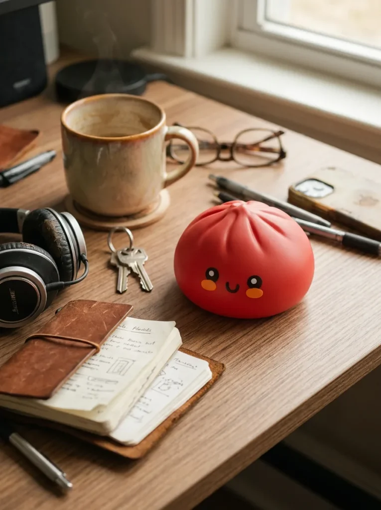 Dumpling Squishy Rot Fluffy auf dem Schreibtisch
