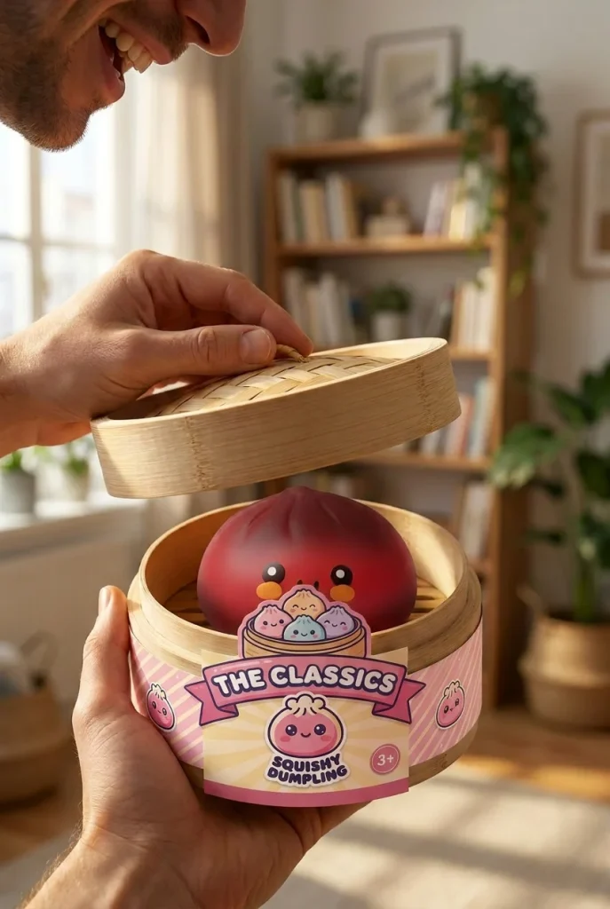 Dumpling Squishy Rot Fluffy beim Auspacken