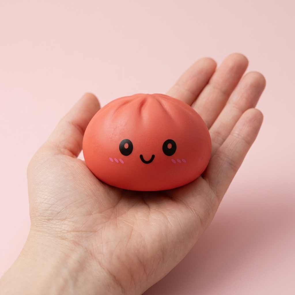 Dumpling Squishy Rot Kirsche in der Hand gehalten, echte Größe