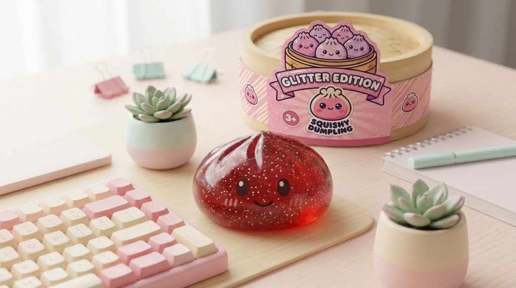 Glitter Dumpling Squishy Rot Glücksbringer in seiner kawaii Umgebung