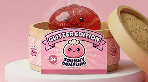 Glitter Dumpling Squishy Rot Glücksbringer im Bambus-Dämpfkörbchen